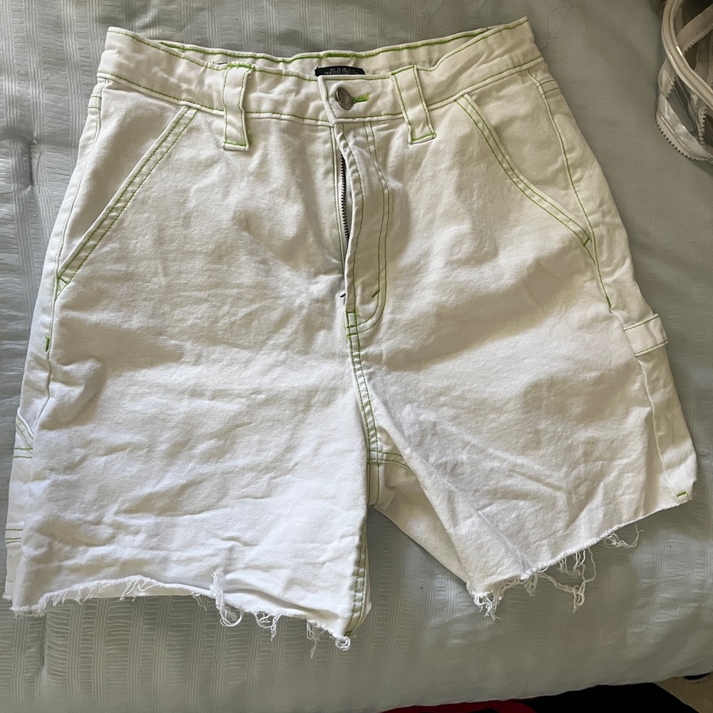 White Cargo Shorts Green Stitching